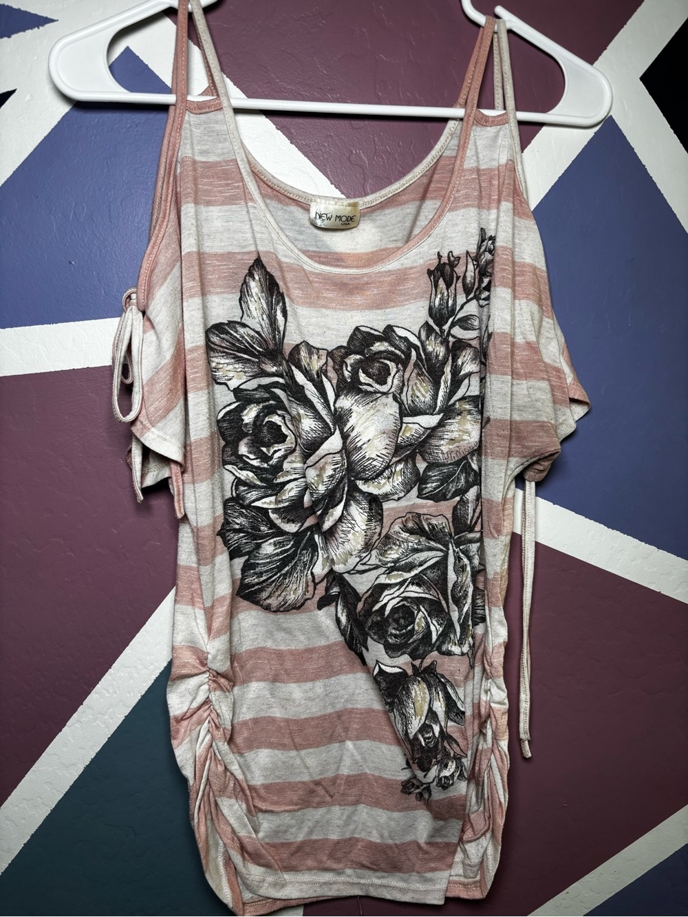 New Mode USA Pink Cream Striped Cold-Shoulder Floral Tunic